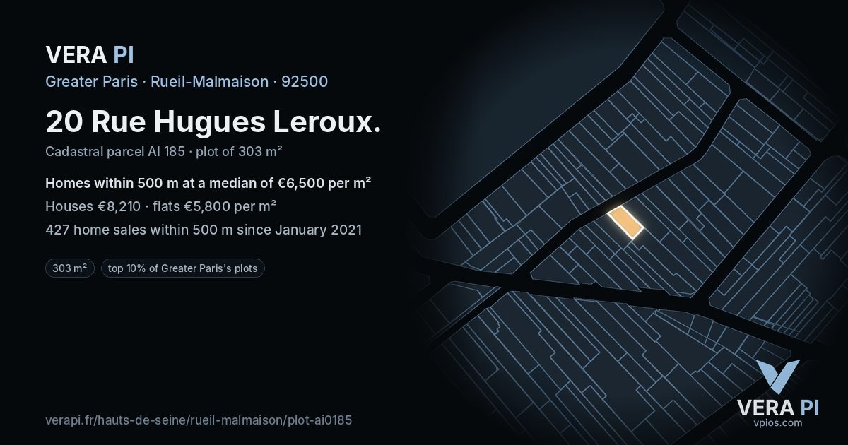 20 Rue Hugues Leroux, Rueil-Malmaison at night – the plot lit, the parcels around coloured by the prices near them