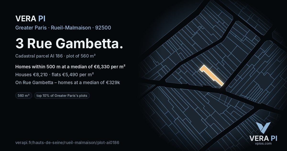 3 Rue Gambetta, Rueil-Malmaison at night – the plot lit, the parcels around coloured by the prices near them