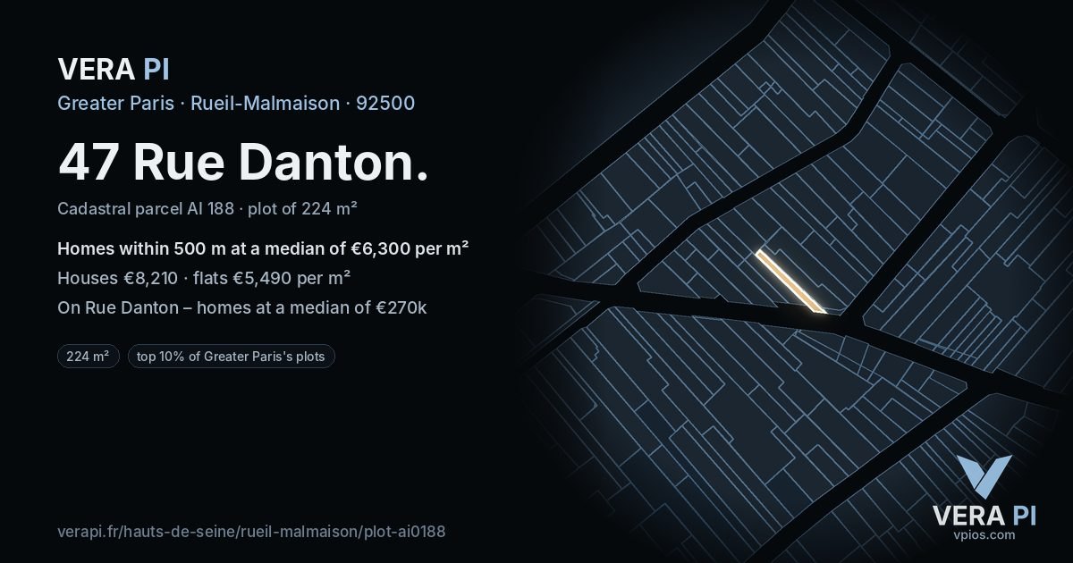 47 Rue Danton, Rueil-Malmaison at night – the plot lit, the parcels around coloured by the prices near them