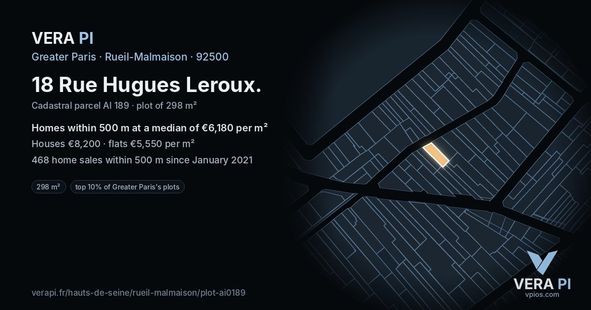 18 Rue Hugues Leroux, Rueil-Malmaison at night – the plot lit, the parcels around coloured by the prices near them