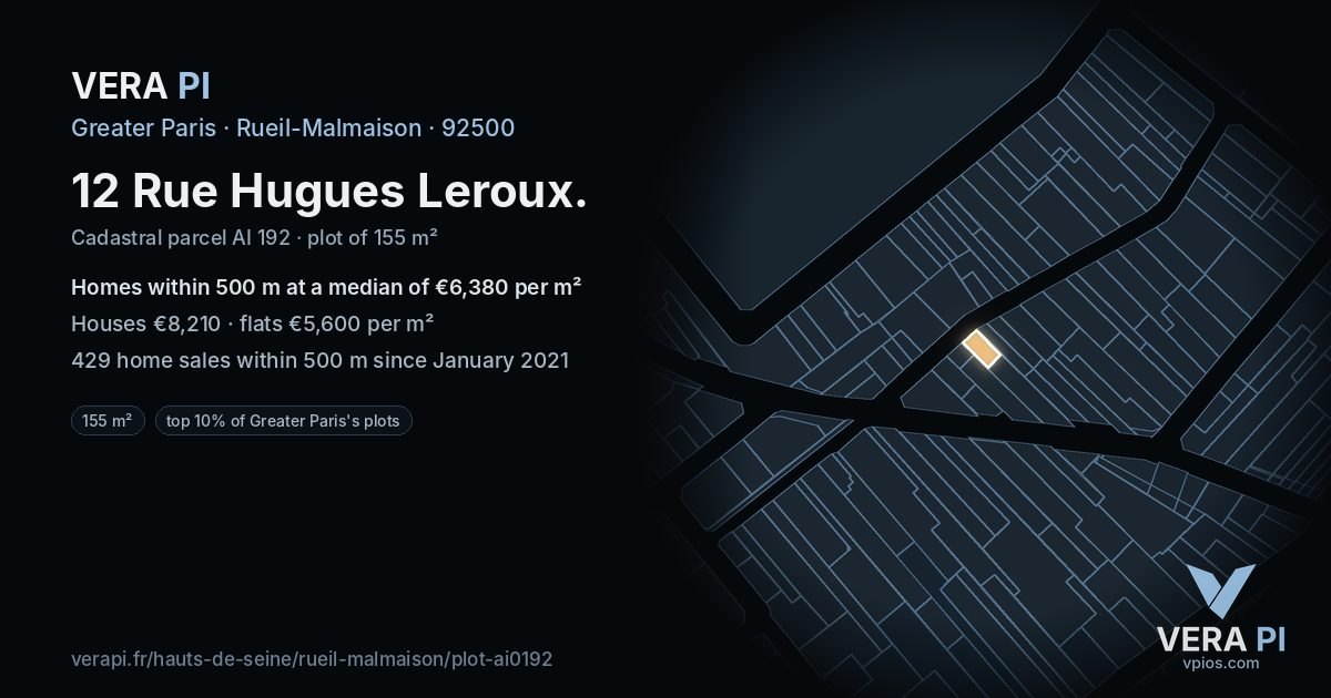 12 Rue Hugues Leroux, Rueil-Malmaison at night – the plot lit, the parcels around coloured by the prices near them