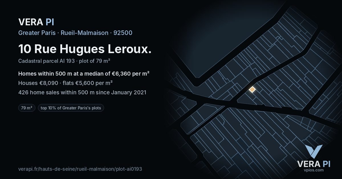 10 Rue Hugues Leroux, Rueil-Malmaison at night – the plot lit, the parcels around coloured by the prices near them