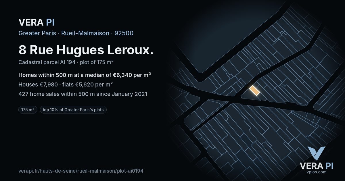 8 Rue Hugues Leroux, Rueil-Malmaison at night – the plot lit, the parcels around coloured by the prices near them