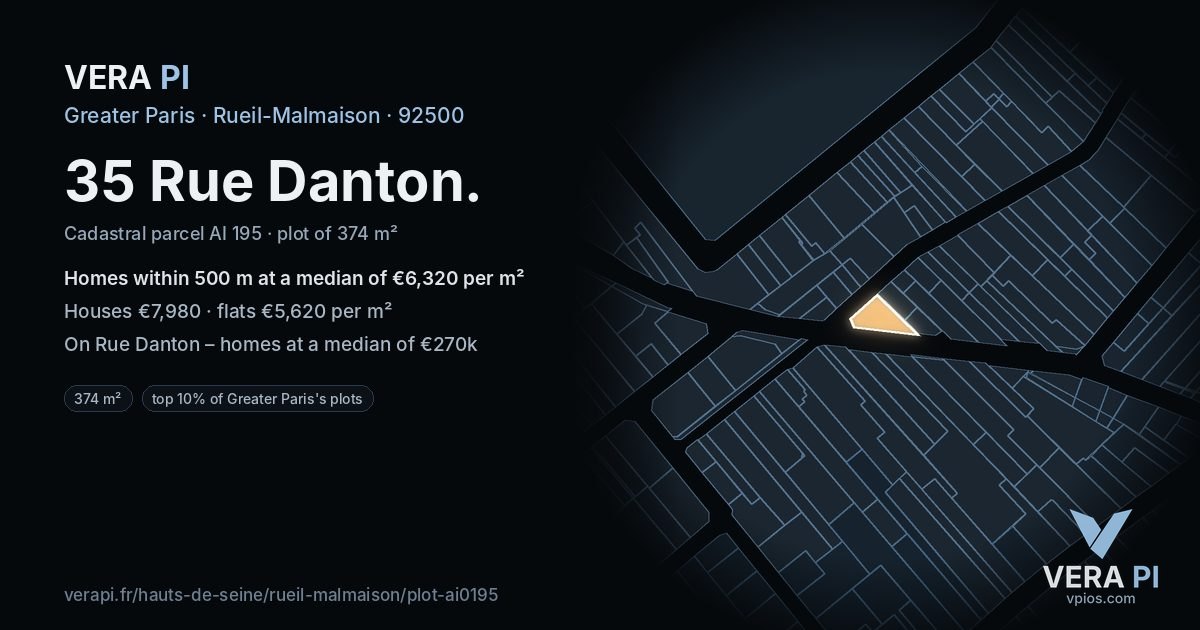 35 Rue Danton, Rueil-Malmaison at night – the plot lit, the parcels around coloured by the prices near them