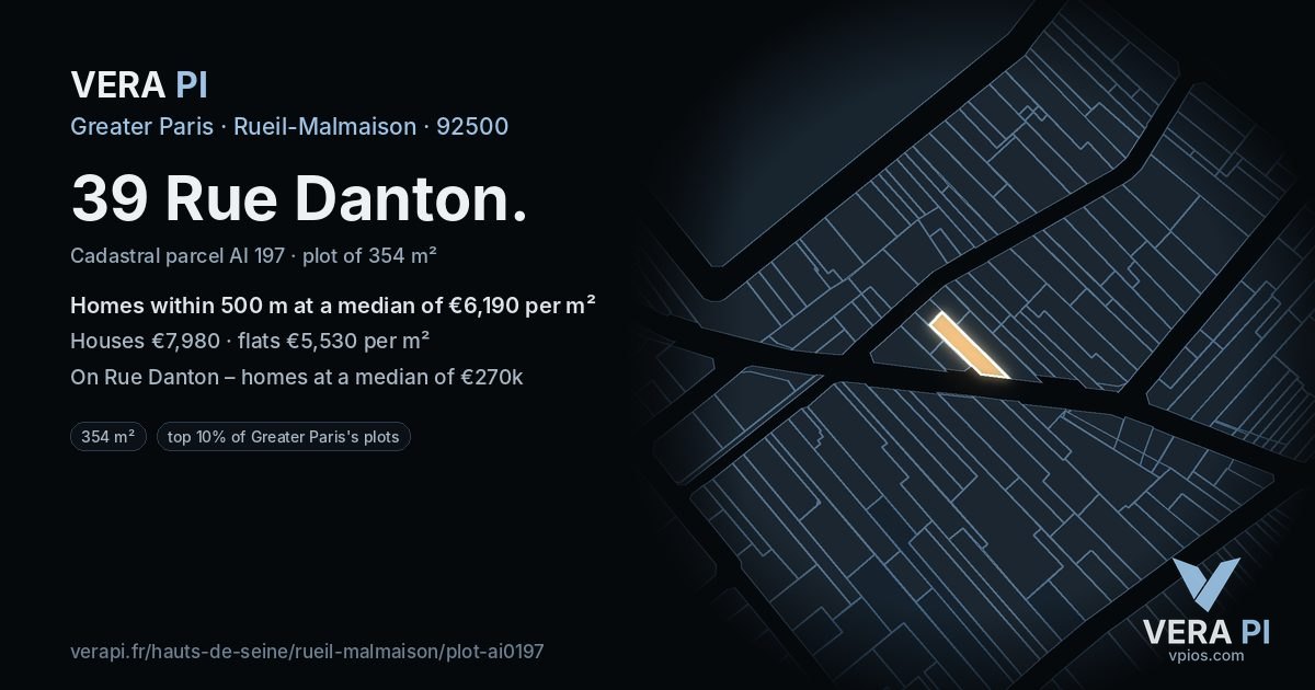 39 Rue Danton, Rueil-Malmaison at night – the plot lit, the parcels around coloured by the prices near them