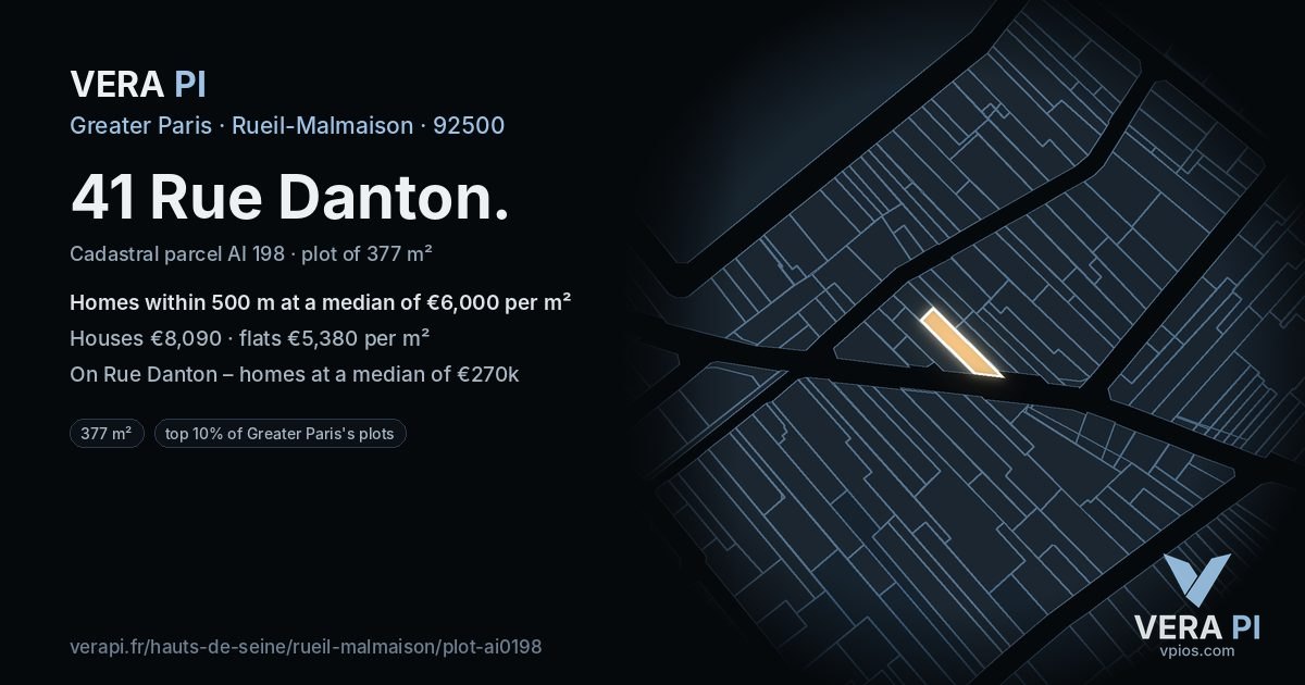 41 Rue Danton, Rueil-Malmaison at night – the plot lit, the parcels around coloured by the prices near them