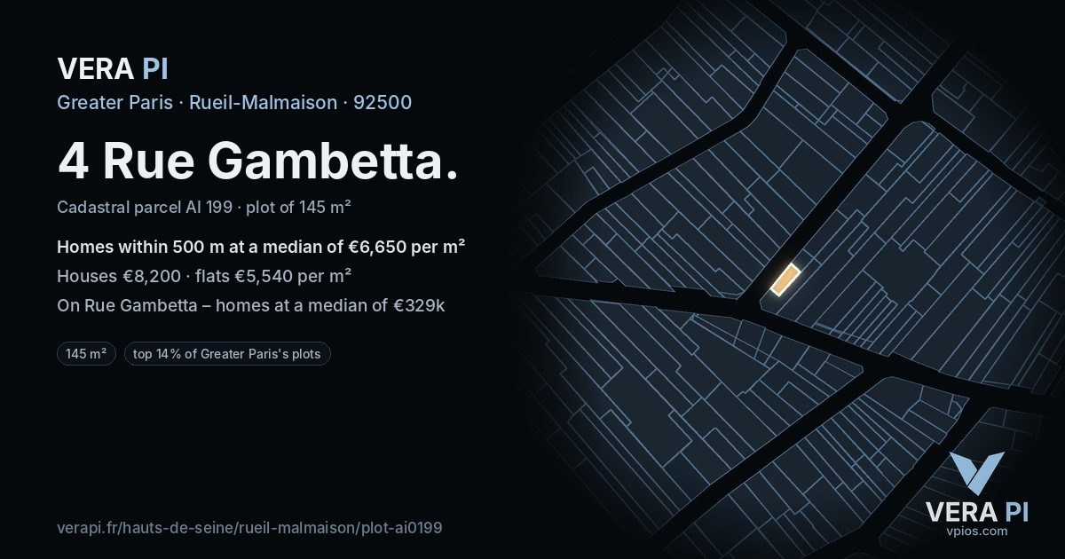 4 Rue Gambetta, Rueil-Malmaison at night – the plot lit, the parcels around coloured by the prices near them