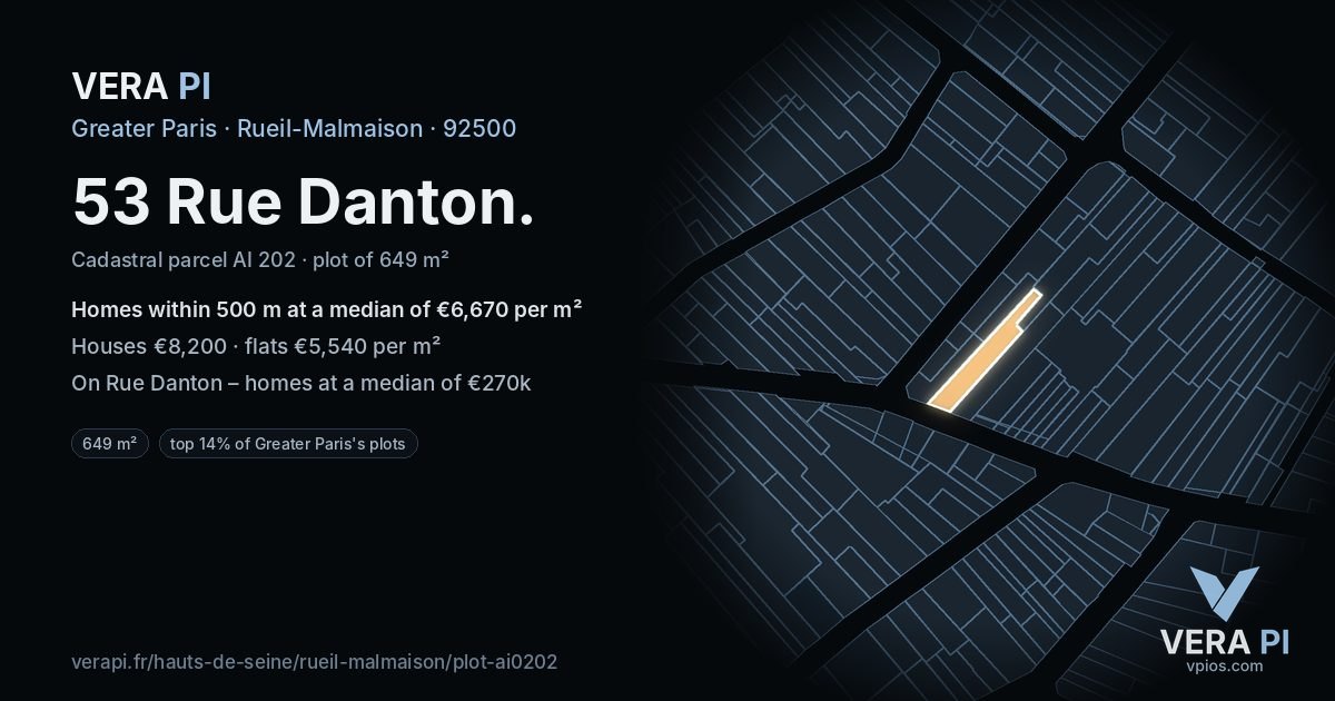 53 Rue Danton, Rueil-Malmaison at night – the plot lit, the parcels around coloured by the prices near them