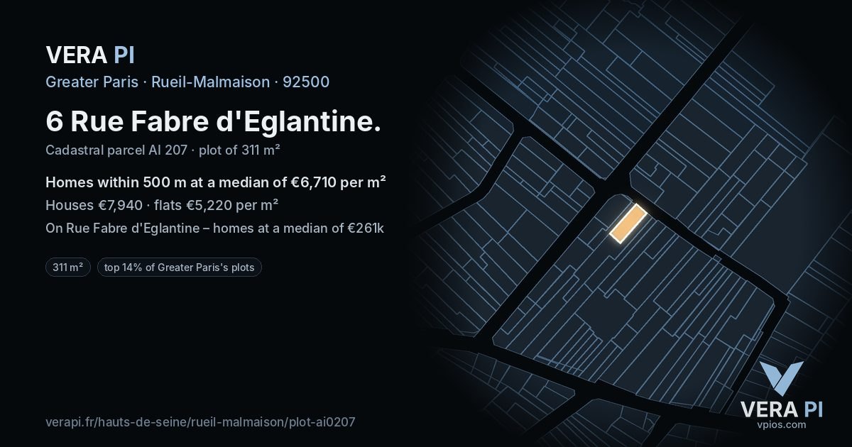 6 Rue Fabre d'Eglantine, Rueil-Malmaison at night – the plot lit, the parcels around coloured by the prices near them