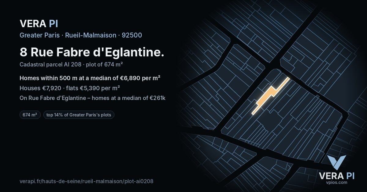 8 Rue Fabre d'Eglantine, Rueil-Malmaison at night – the plot lit, the parcels around coloured by the prices near them
