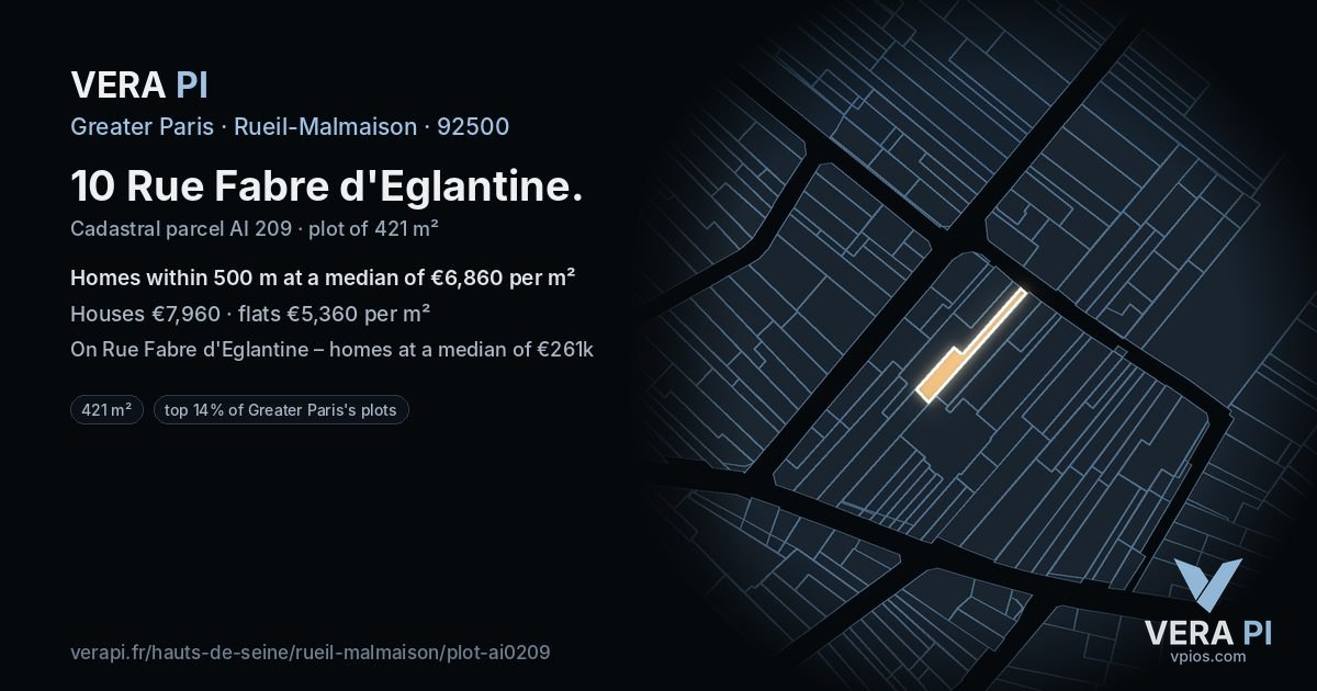 10 Rue Fabre d'Eglantine, Rueil-Malmaison at night – the plot lit, the parcels around coloured by the prices near them
