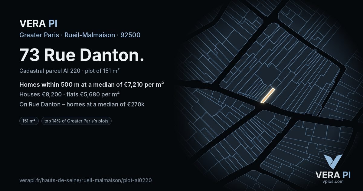 73 Rue Danton, Rueil-Malmaison at night – the plot lit, the parcels around coloured by the prices near them