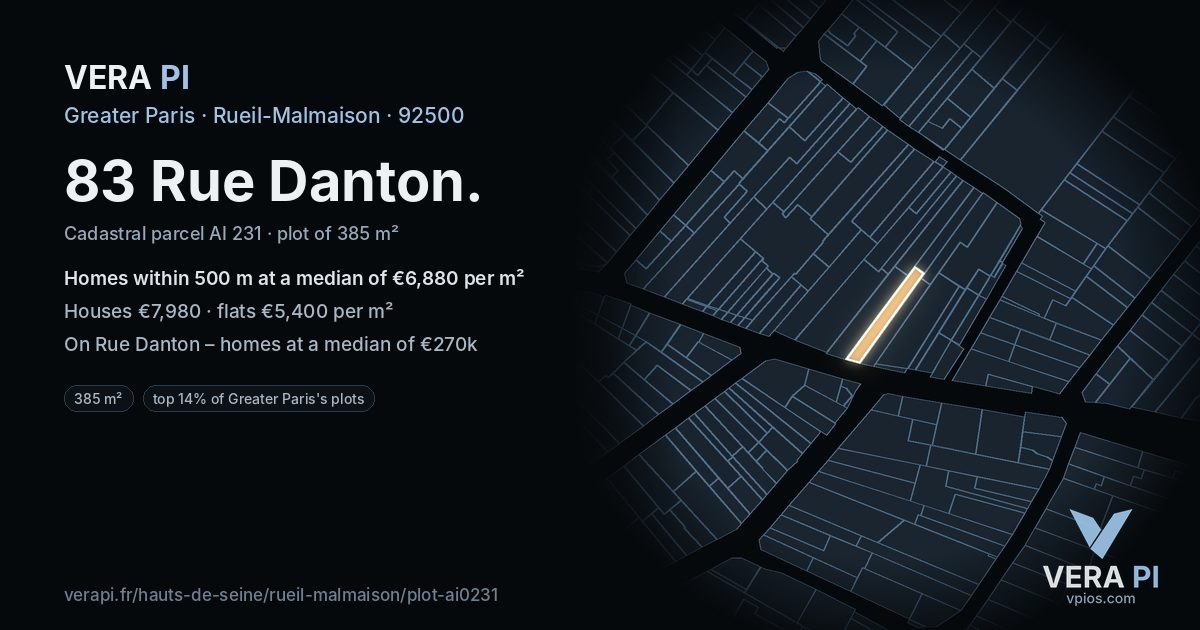 83 Rue Danton, Rueil-Malmaison at night – the plot lit, the parcels around coloured by the prices near them