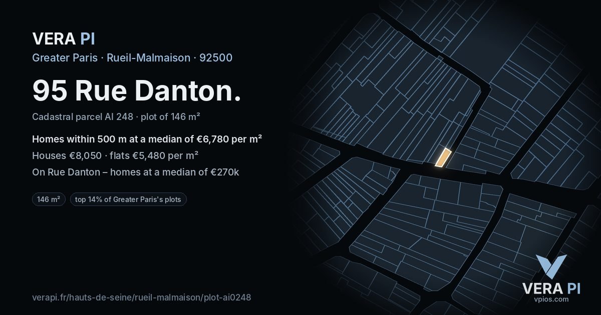 95 Rue Danton, Rueil-Malmaison at night – the plot lit, the parcels around coloured by the prices near them