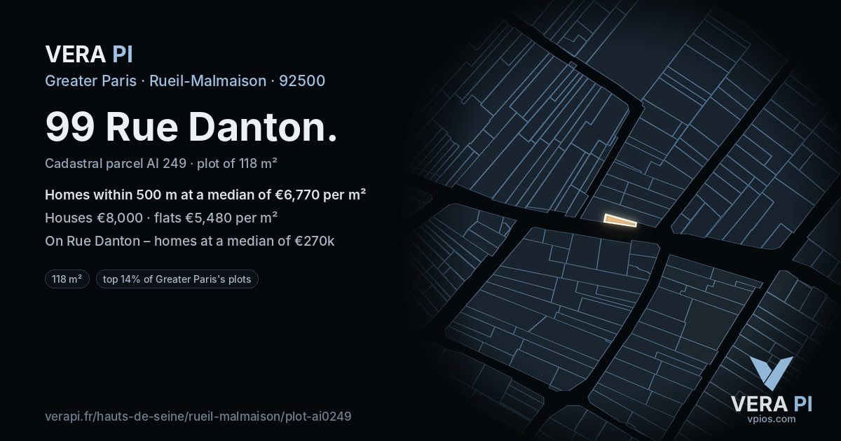 99 Rue Danton, Rueil-Malmaison at night – the plot lit, the parcels around coloured by the prices near them