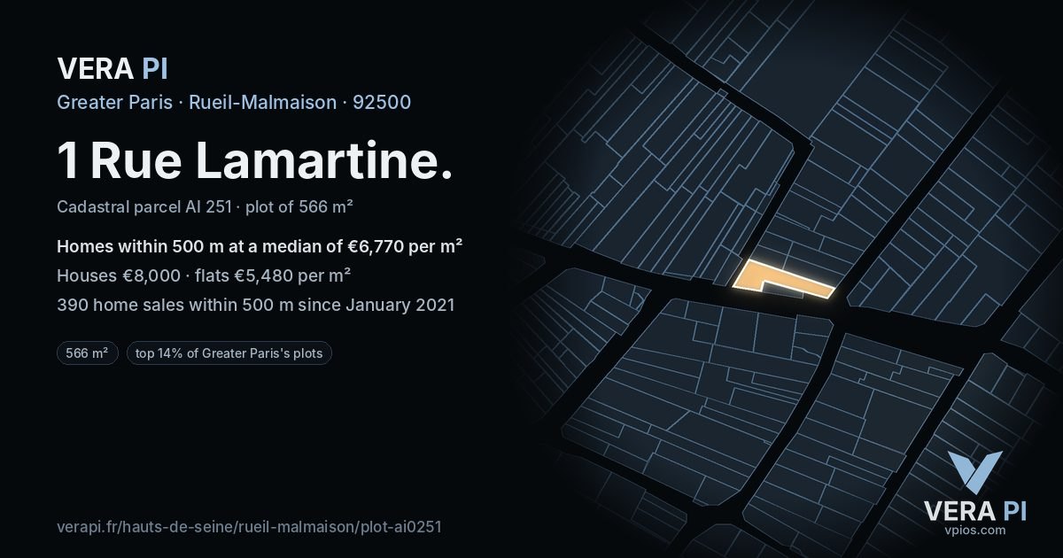 1 Rue Lamartine, Rueil-Malmaison at night – the plot lit, the parcels around coloured by the prices near them