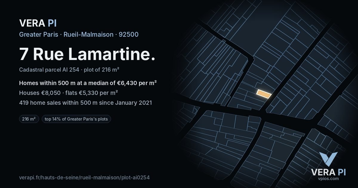 7 Rue Lamartine, Rueil-Malmaison at night – the plot lit, the parcels around coloured by the prices near them
