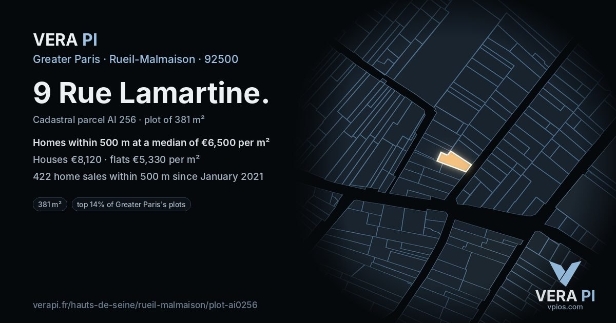 9 Rue Lamartine, Rueil-Malmaison at night – the plot lit, the parcels around coloured by the prices near them