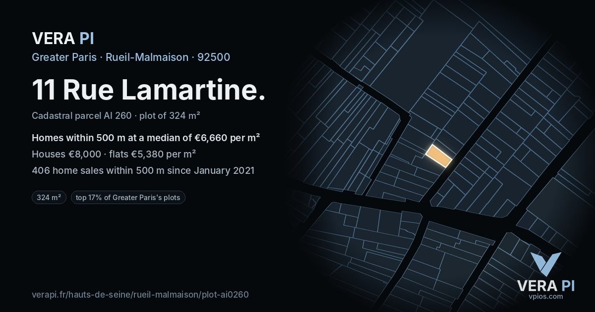 11 Rue Lamartine, Rueil-Malmaison at night – the plot lit, the parcels around coloured by the prices near them