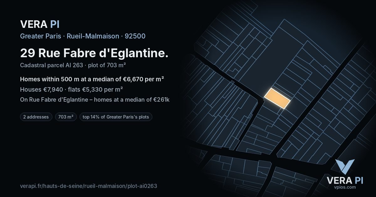 29 Rue Fabre d'Eglantine, Rueil-Malmaison at night – the plot lit, the parcels around coloured by the prices near them