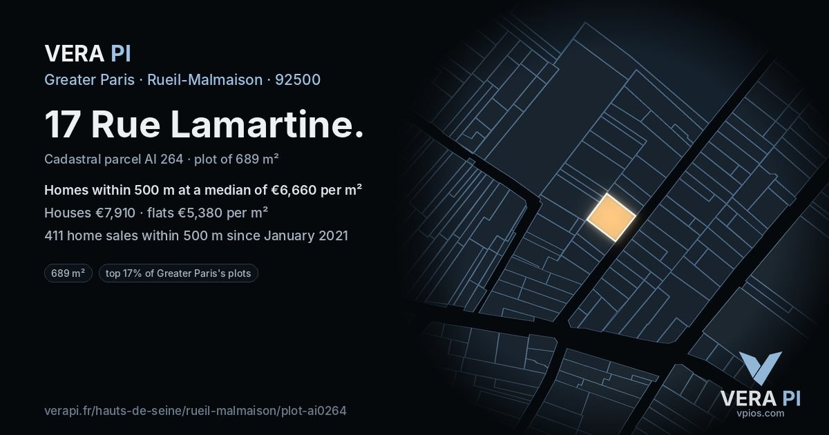17 Rue Lamartine, Rueil-Malmaison at night – the plot lit, the parcels around coloured by the prices near them