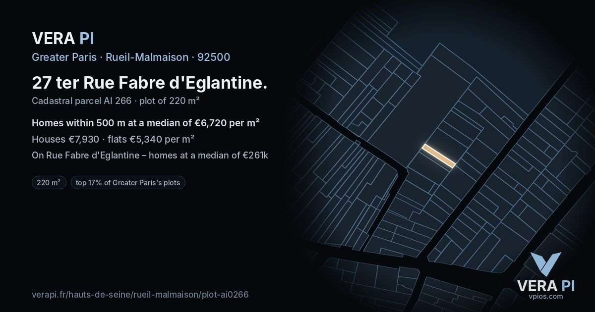 27 ter Rue Fabre d'Eglantine, Rueil-Malmaison at night – the plot lit, the parcels around coloured by the prices near them