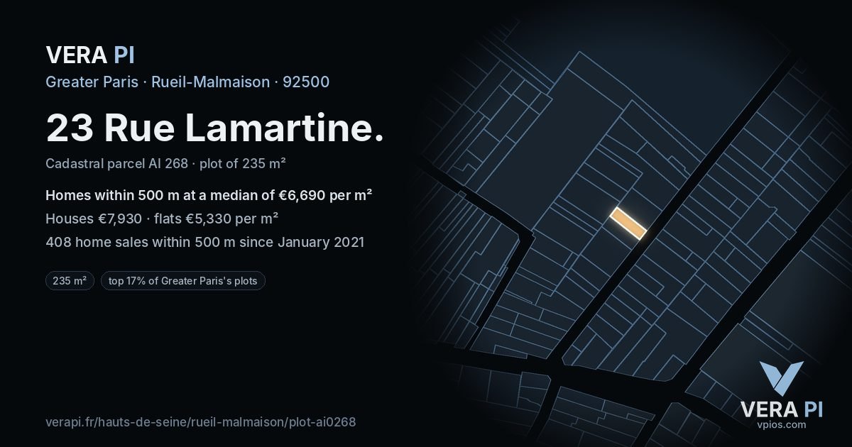 23 Rue Lamartine, Rueil-Malmaison at night – the plot lit, the parcels around coloured by the prices near them
