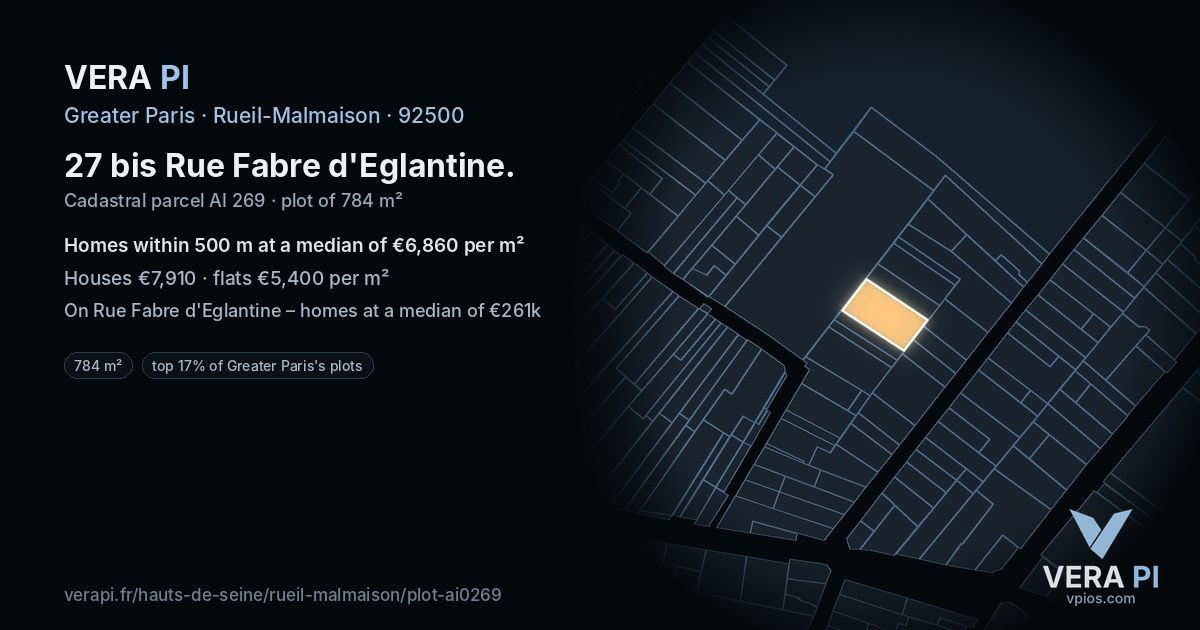 27 bis Rue Fabre d'Eglantine, Rueil-Malmaison at night – the plot lit, the parcels around coloured by the prices near them