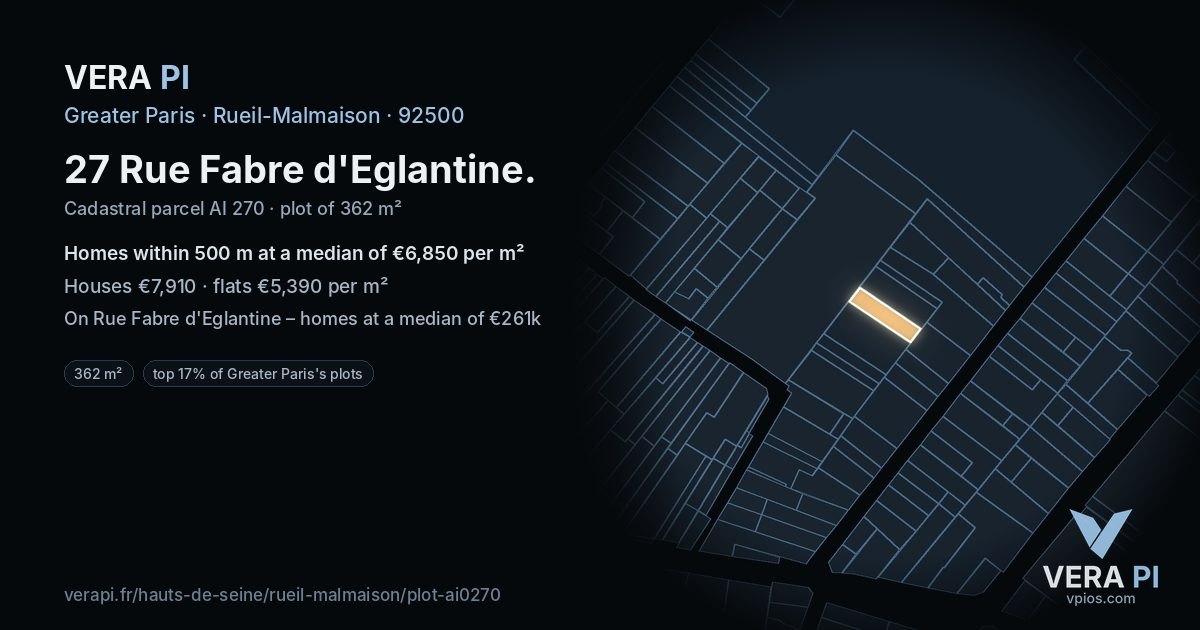 27 Rue Fabre d'Eglantine, Rueil-Malmaison at night – the plot lit, the parcels around coloured by the prices near them