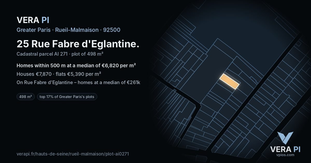 25 Rue Fabre d'Eglantine, Rueil-Malmaison at night – the plot lit, the parcels around coloured by the prices near them