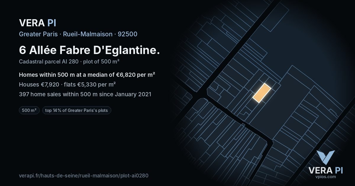 6 Allée Fabre D'Eglantine, Rueil-Malmaison at night – the plot lit, the parcels around coloured by the prices near them
