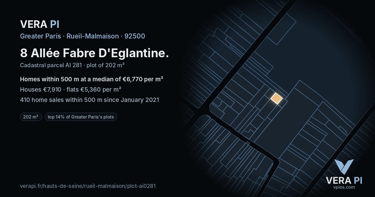 8 Allée Fabre D'Eglantine, Rueil-Malmaison at night – the plot lit, the parcels around coloured by the prices near them