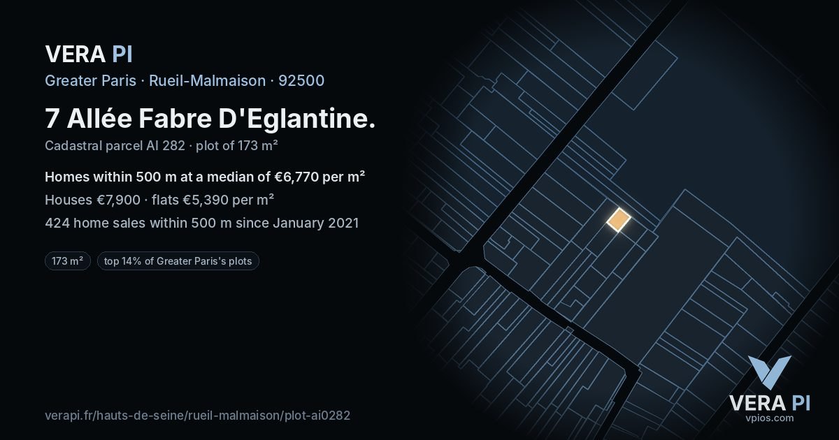7 Allée Fabre D'Eglantine, Rueil-Malmaison at night – the plot lit, the parcels around coloured by the prices near them
