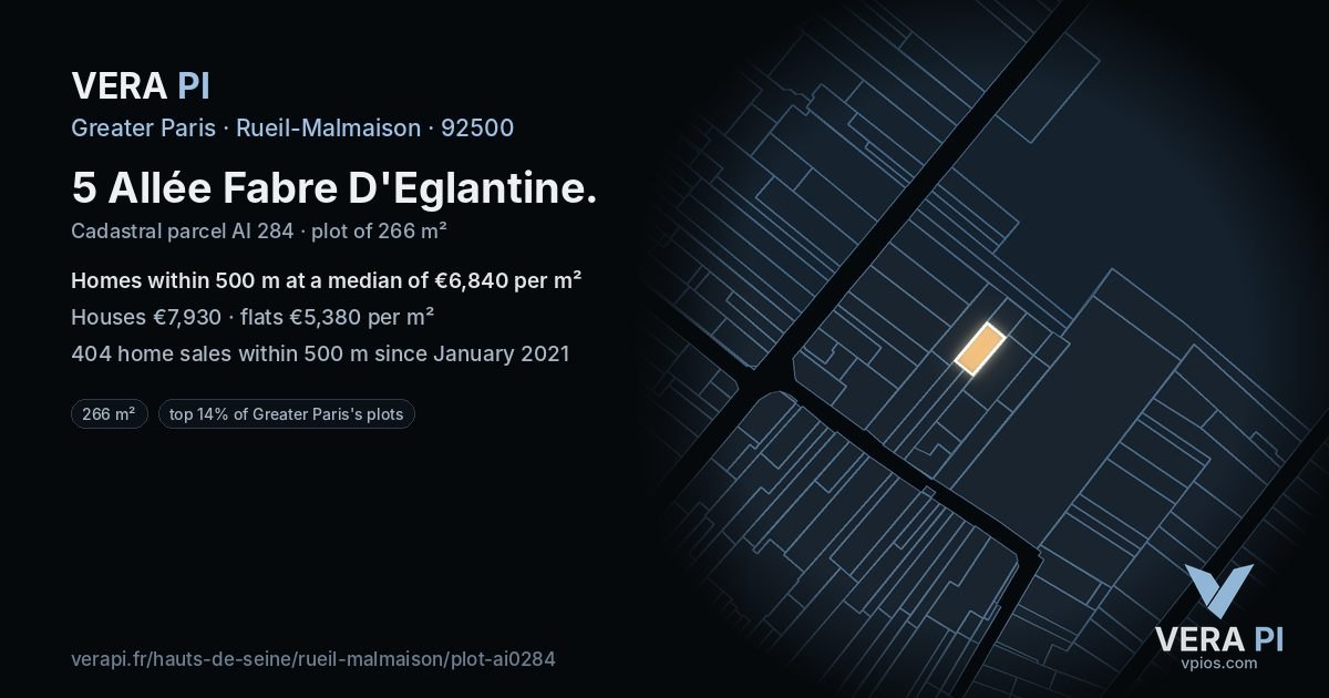 5 Allée Fabre D'Eglantine, Rueil-Malmaison at night – the plot lit, the parcels around coloured by the prices near them