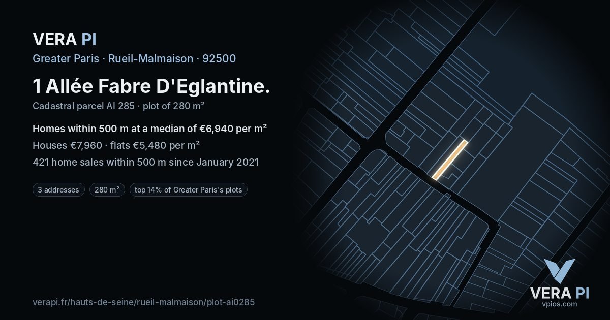 1 Allée Fabre D'Eglantine, Rueil-Malmaison at night – the plot lit, the parcels around coloured by the prices near them