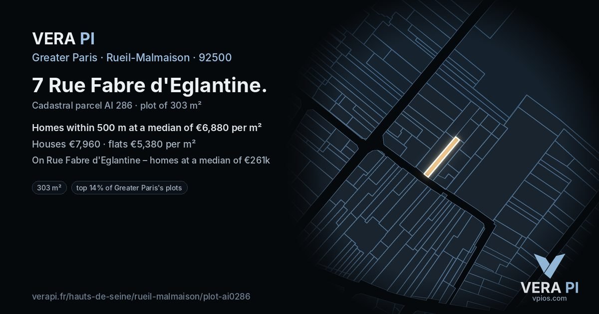 7 Rue Fabre d'Eglantine, Rueil-Malmaison at night – the plot lit, the parcels around coloured by the prices near them