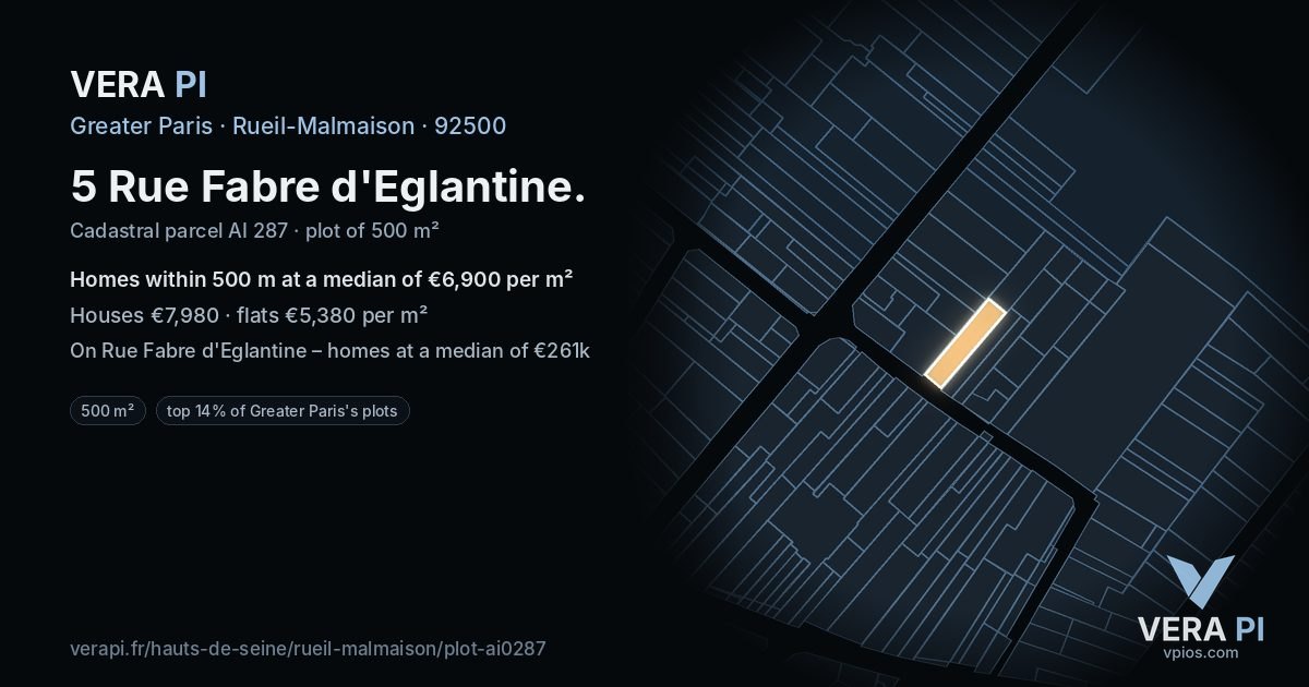 5 Rue Fabre d'Eglantine, Rueil-Malmaison at night – the plot lit, the parcels around coloured by the prices near them