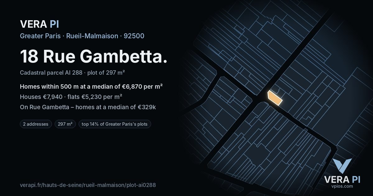 18 Rue Gambetta, Rueil-Malmaison at night – the plot lit, the parcels around coloured by the prices near them