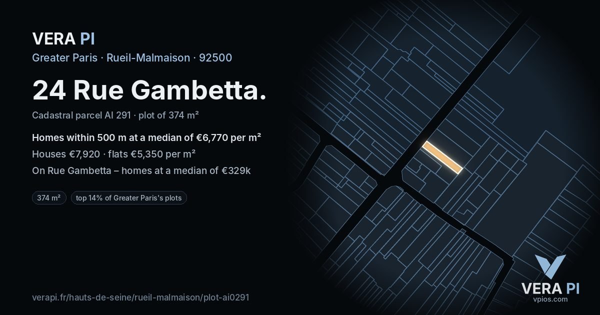 24 Rue Gambetta, Rueil-Malmaison at night – the plot lit, the parcels around coloured by the prices near them