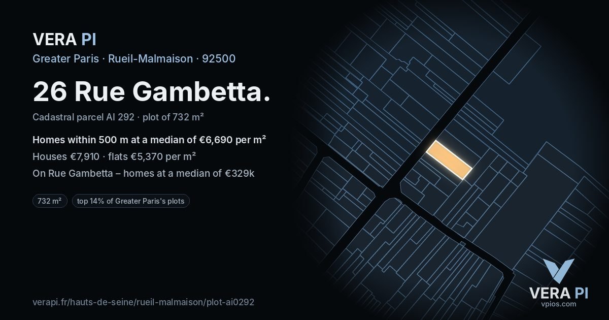 26 Rue Gambetta, Rueil-Malmaison at night – the plot lit, the parcels around coloured by the prices near them