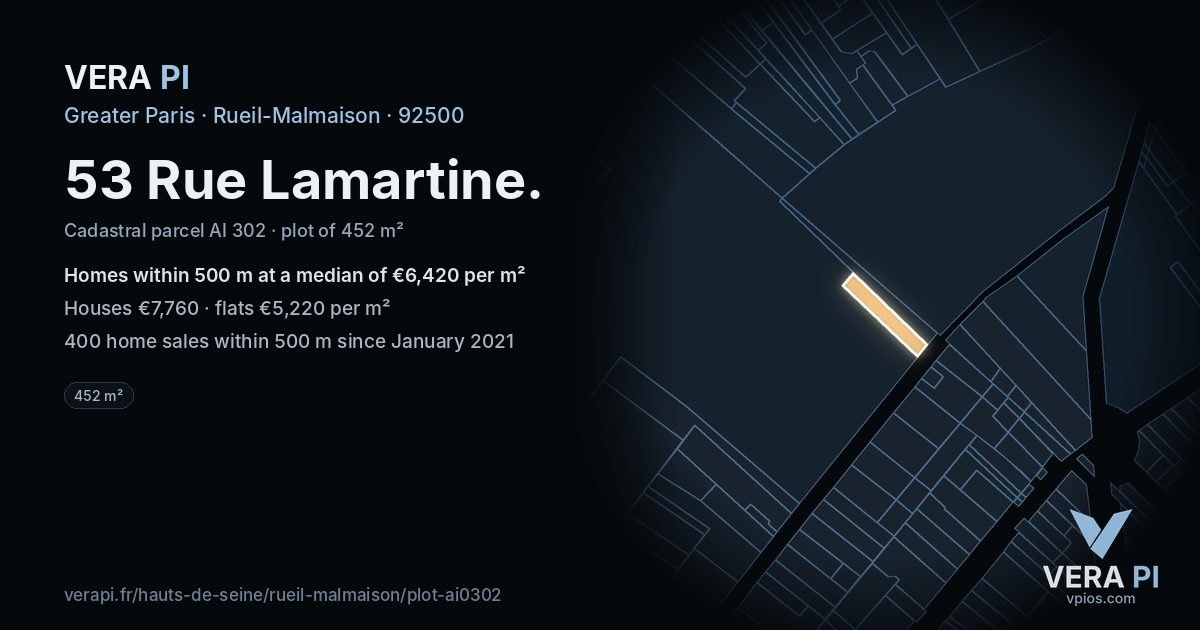 53 Rue Lamartine, Rueil-Malmaison at night – the plot lit, the parcels around coloured by the prices near them