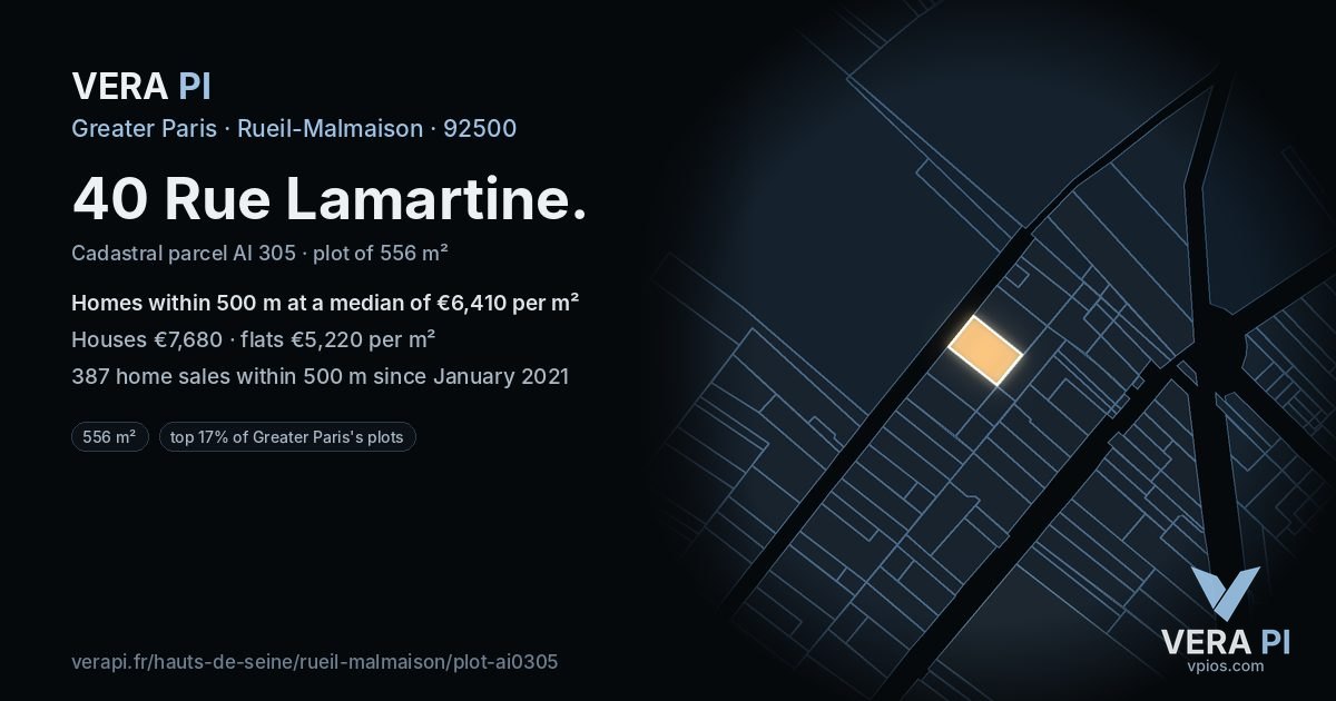 40 Rue Lamartine, Rueil-Malmaison at night – the plot lit, the parcels around coloured by the prices near them