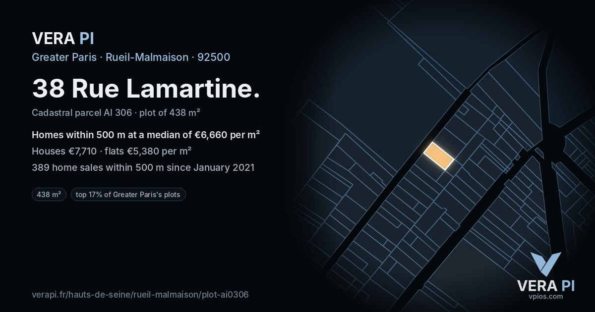 38 Rue Lamartine, Rueil-Malmaison at night – the plot lit, the parcels around coloured by the prices near them