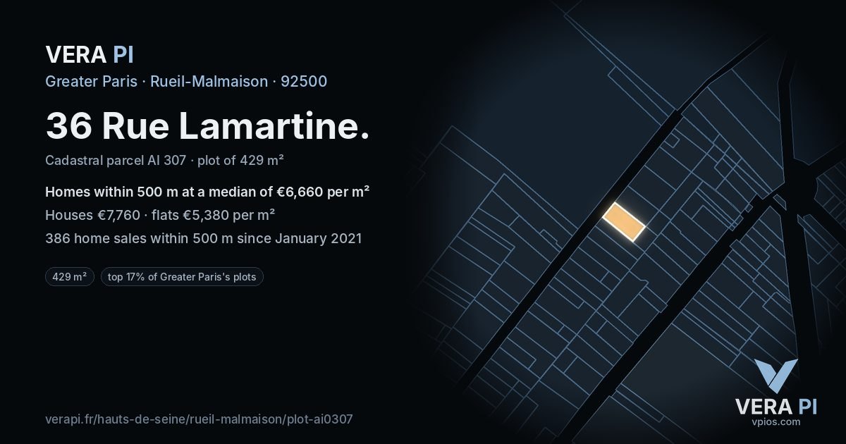 36 Rue Lamartine, Rueil-Malmaison at night – the plot lit, the parcels around coloured by the prices near them