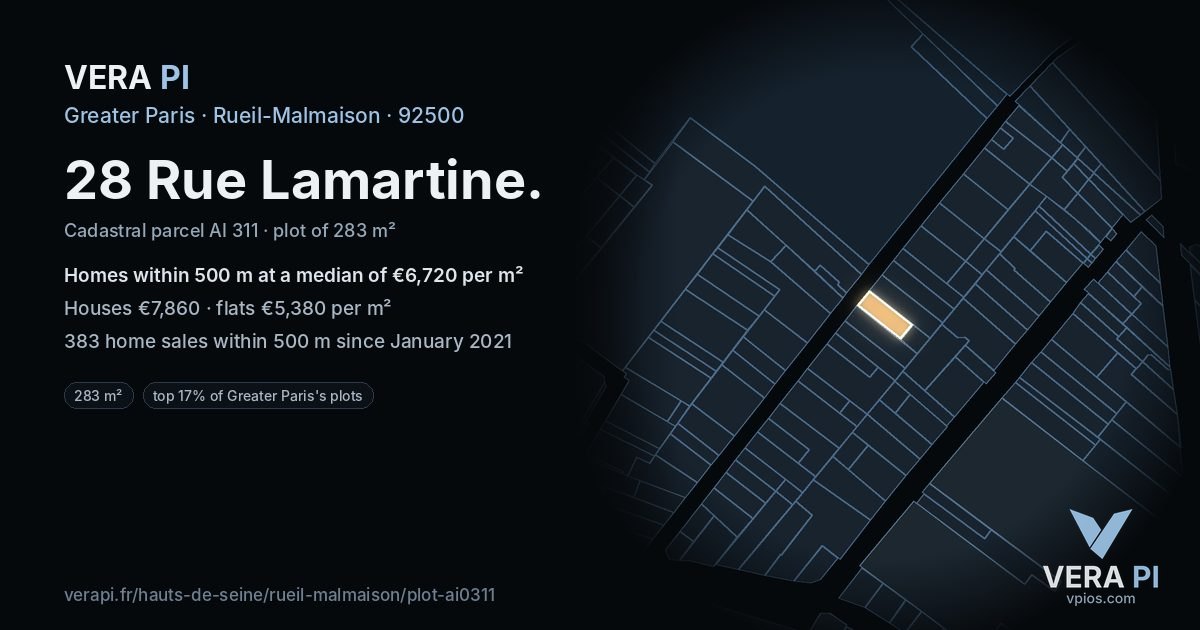 28 Rue Lamartine, Rueil-Malmaison at night – the plot lit, the parcels around coloured by the prices near them