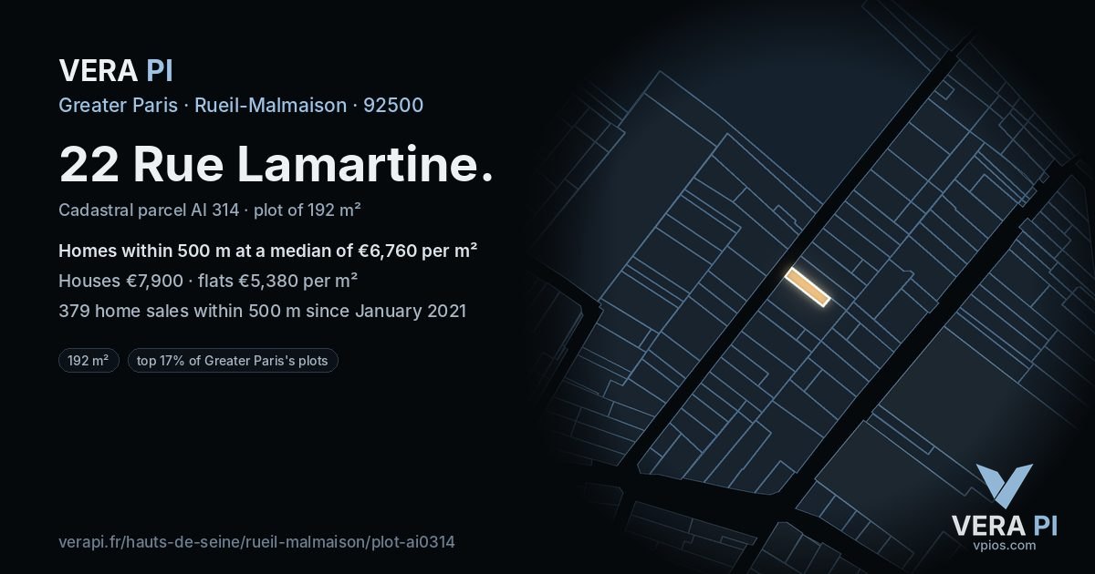 22 Rue Lamartine, Rueil-Malmaison at night – the plot lit, the parcels around coloured by the prices near them