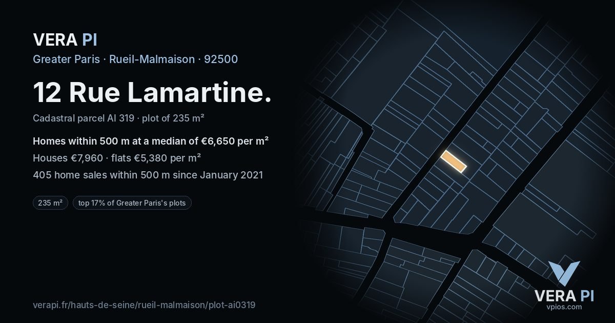 12 Rue Lamartine, Rueil-Malmaison at night – the plot lit, the parcels around coloured by the prices near them