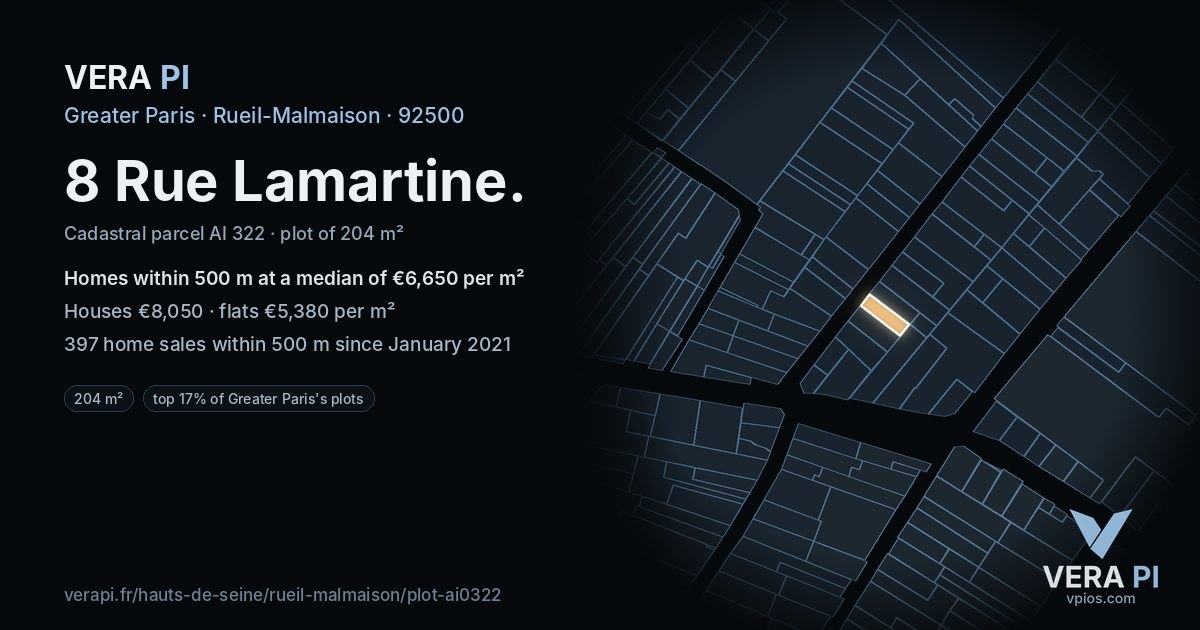 8 Rue Lamartine, Rueil-Malmaison at night – the plot lit, the parcels around coloured by the prices near them
