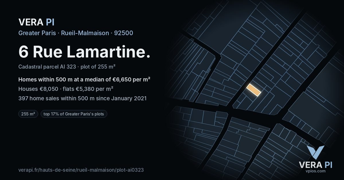 6 Rue Lamartine, Rueil-Malmaison at night – the plot lit, the parcels around coloured by the prices near them