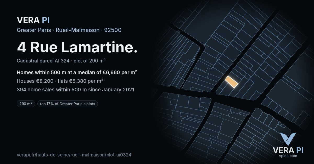 4 Rue Lamartine, Rueil-Malmaison at night – the plot lit, the parcels around coloured by the prices near them